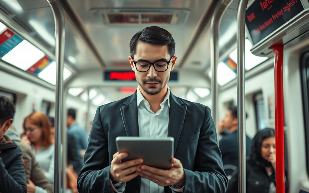 A business professional standing in a crowded public transport, looking focused yet relaxed as they review English language materials on their tablet device. The scene is set in a clean, well-lit interior of a subway car or bus, with other passengers visible in the background. Soft diffused lighting creates a sense of calm and productivity, while the subject's attentive expression conveys the benefits of utilizing transit time to practice a foreign language. The angle is slightly elevated, giving a bird's-eye view that emphasizes the organized, industrious atmosphere.