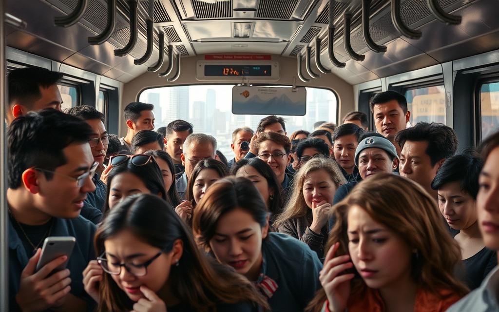A bustling urban scene of a crowded public transport, with passengers exhibiting a range of animated facial expressions and body language. In the foreground, a diverse group of commuters - some engaged in conversation, others absorbed in their phones, and a few displaying frustration or boredom. The middle ground reveals the interior of a bus or train, with seats and handrails. In the background, the city skyline is visible through the windows, creating a sense of motion and the larger context of the daily commute. Soft, natural lighting filters through the windows, casting a warm glow on the subjects. The overall atmosphere conveys the dynamic energy and range of human emotions present in public transportation settings.
