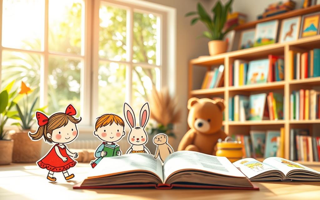 A cheerful and whimsical children's book scene, captured in a warm, soft-focus lens. In the foreground, a group of vibrant, hand-drawn characters from classic children's literature - a girl with a red ribbon in her hair, a mischievous rabbit, and a friendly bear - gathered around an open book. The middle ground features shelves of colorful, illustrated books in various sizes and shapes, hinting at the endless worlds waiting to be discovered. The background is a cozy, sun-dappled room, with a large window overlooking a lush, verdant garden, creating a sense of wonder and immersion. The overall mood is one of imagination, learning, and the joy of reading.