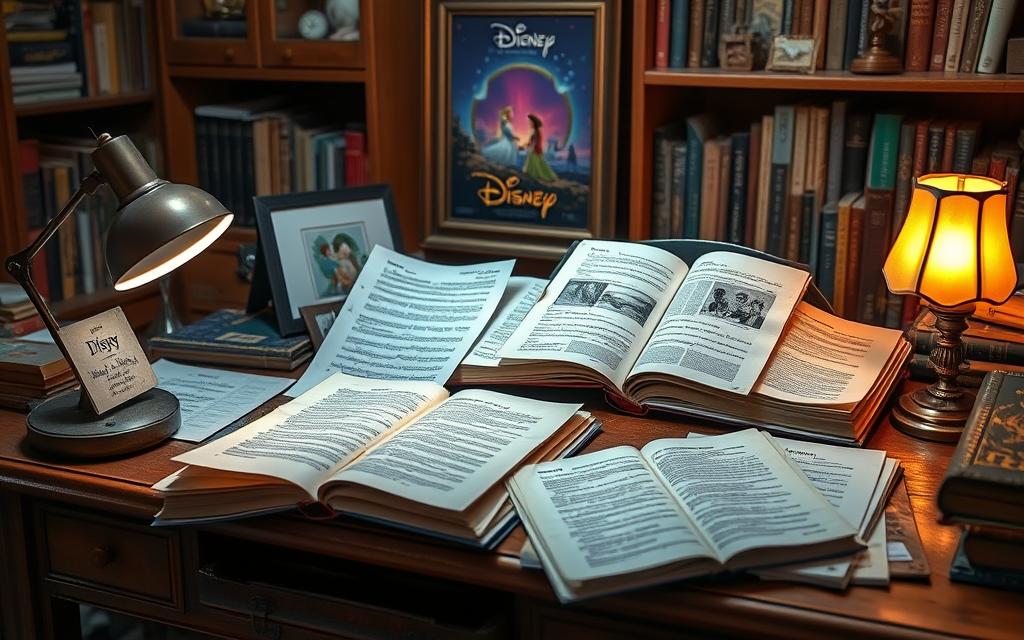 A cozy Disney-inspired study scene with captivating character dialogue analysis. In the foreground, a collection of open Disney movie scripts, character sketches, and analytical notes sprawled across a wooden desk. A vintage desk lamp casts a warm glow, illuminating the space. In the middle ground, a framed movie poster of a classic Disney film, its vibrant colors and iconic characters creating an immersive atmosphere. In the background, a bookshelf filled with an assortment of Disney-themed books and knick-knacks, evoking a sense of scholarly exploration and Disney fandom. The overall mood is one of thoughtful analysis, enchantment, and a deep appreciation for the artistry and storytelling of Disney.