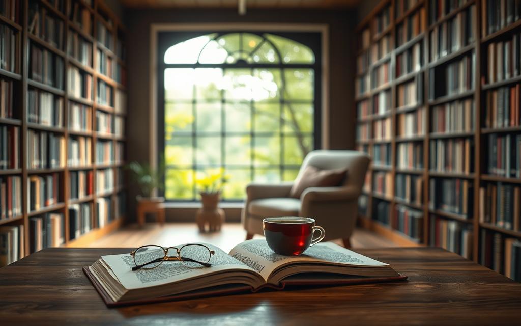 A cozy and inviting library scene, with floor-to-ceiling bookshelves lining the walls. On a wooden table in the foreground, an open book lies next to a steaming cup of tea and a pair of reading glasses. Soft, diffused lighting creates a warm and contemplative atmosphere. In the middle ground, a comfortable armchair with a plush cushion invites the reader to settle in and immerse themselves. The background features a large window overlooking a lush, verdant garden, hinting at the tranquility and focus that can come from reading. The overall composition suggests a soothing and enriching experience, perfectly capturing the essence of "Dicas e Estratégias para Potencializar a Leitura."