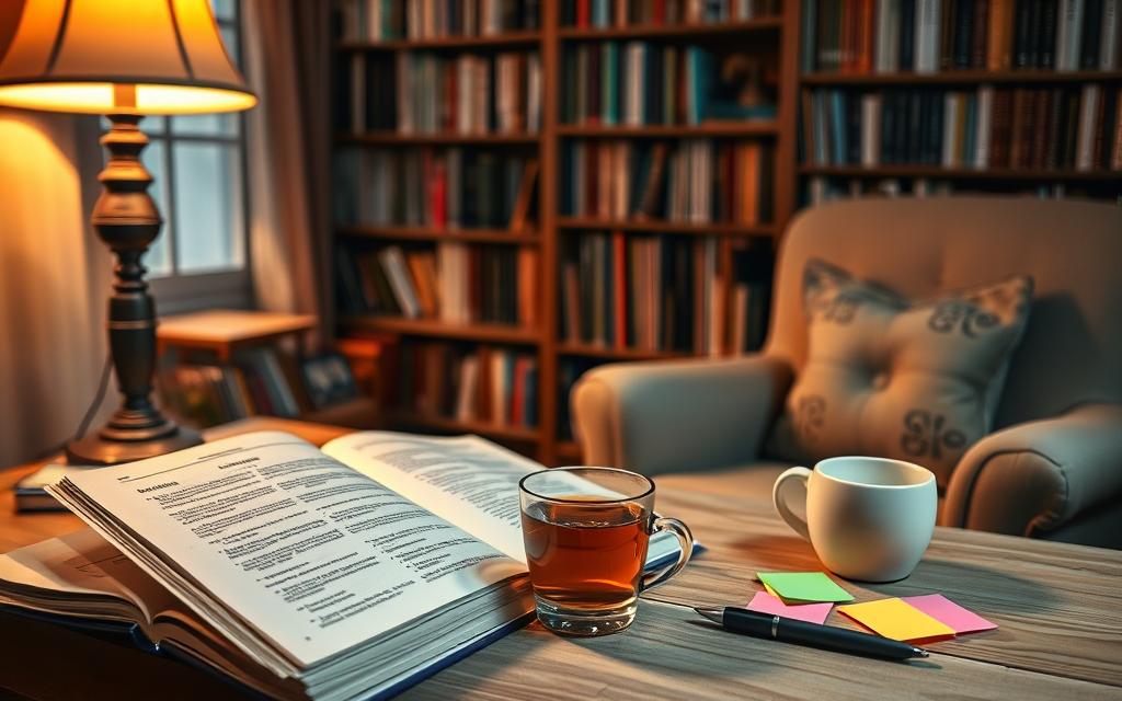 A cozy study nook with an open English textbook, a cup of tea, and a comfortable armchair. Warm lighting from a nearby lamp casts a soft glow, creating a contemplative atmosphere. On the desk, a set of colorful sticky notes and a pen hint at strategic study methods. In the background, bookshelves brimming with knowledge evoke a sense of immersion in language learning. The overall scene conveys a welcoming, focused environment for an adult beginner to engage in effective English study strategies.