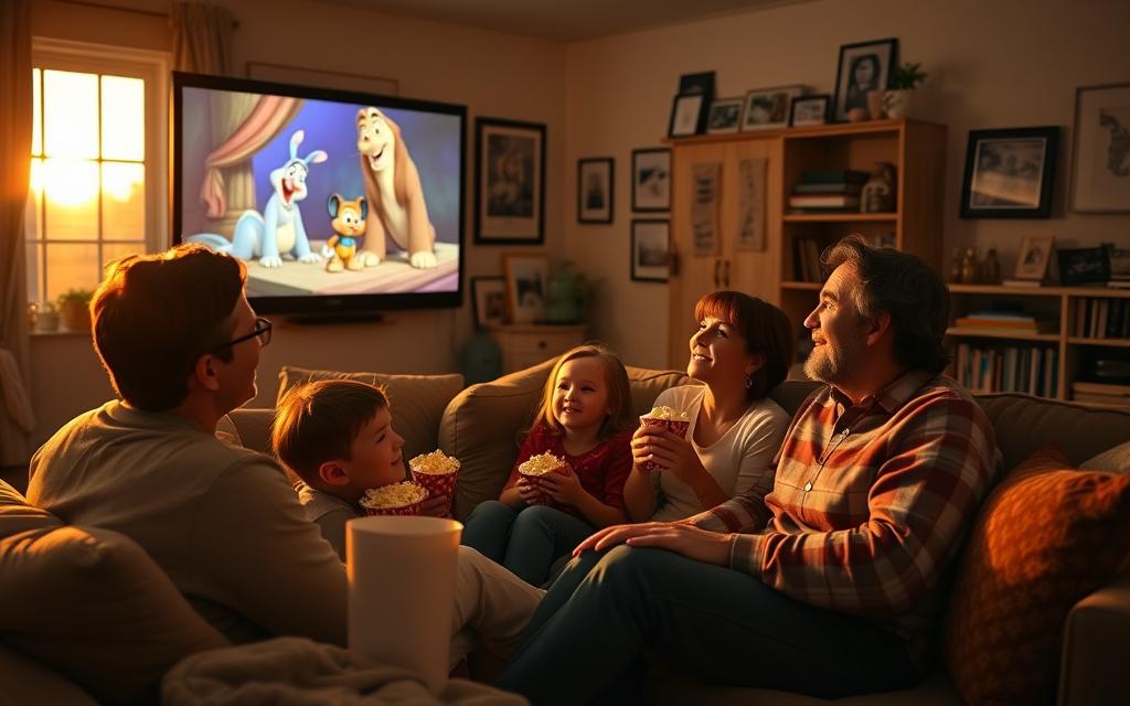 A family sitting together in a cozy living room, engrossed in watching a classic Disney film projected on the wall. Warm, golden lighting creates a nostalgic atmosphere, as the parents and children share popcorn and react with laughter and wonder. The room is filled with personal touches - framed photos, shelves of books, and cozy cushions. Through the window, the setting sun casts a soft glow, hinting at the vibrant cultural fabric that weaves Disney's stories into the tapestry of everyday life.