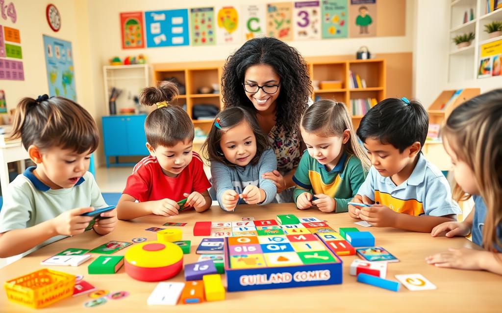 A lively and engaging scene of children playing educational English games in a bright, cheerful classroom. The foreground features a group of young students, ages 6-10, enthusiastically interacting with colorful, interactive learning materials such as flashcards, board games, and digital devices. The middle ground showcases a supportive teacher guiding the children, using a mix of hands-on activities and digital tools to make the learning process fun and immersive. The background depicts a warm, welcoming classroom environment with educational posters, vibrant wall decor, and ample natural lighting, creating an atmosphere that inspires curiosity and a love for the English language. Capture the energetic, collaborative spirit of the scene, reflecting the "Estratégias Práticas: como aprender inglês com crianças de forma divertida" theme.