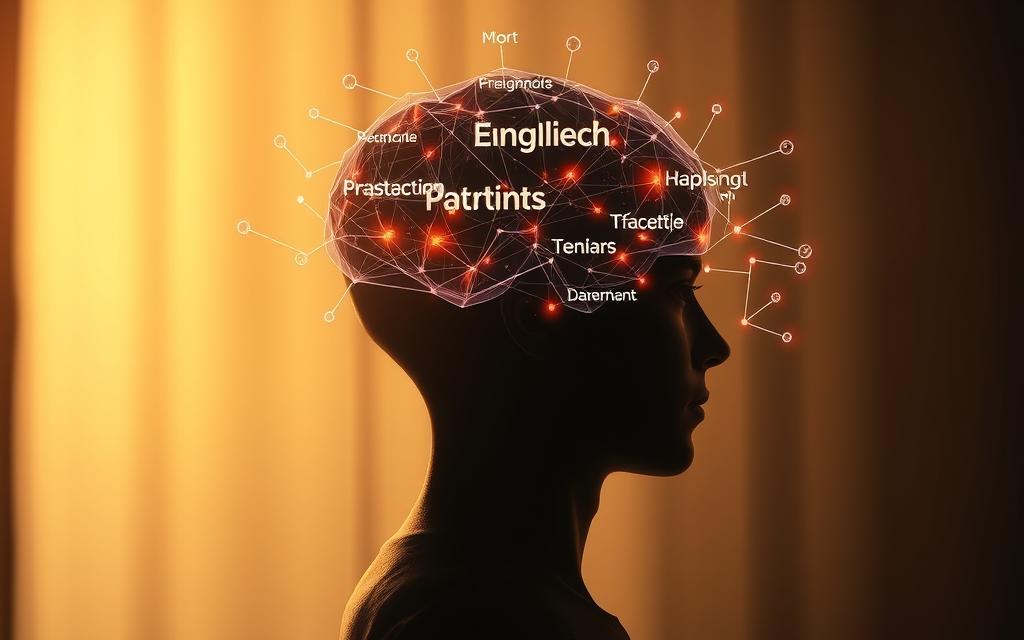 A thought-provoking illustration of "associação direta em inglês" showcasing a person's mind effortlessly connecting English words and concepts. Set against a softly blurred background, the foreground depicts a human head in profile, with a glowing neural network radiating outward, visualizing the seamless flow of ideas. The lighting is warm and focused, creating a sense of clarity and enlightenment. The angle is slightly elevated, offering an introspective perspective. The overall mood is one of mental tranquility and cognitive fluency, reflecting the process of thinking directly in English without the need for translation.