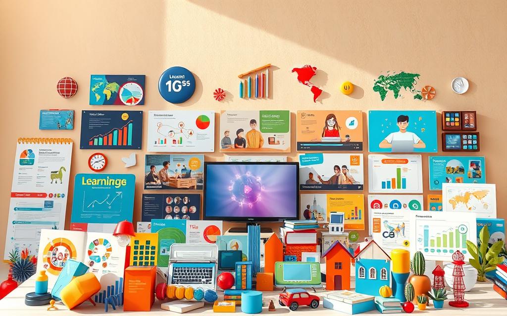 A vibrant collection of visual formats for learning English, including colorful infographics, engaging video thumbnails, and interactive educational illustrations. The foreground showcases a mix of eye-catching icons, graphics, and visual elements that capture the essence of language learning. The middle ground features a variety of visual media formats, each designed to captivate and inform the viewer. The background sets a warm, inviting tone with soft gradients and subtle textures, creating a harmonious and visually appealing composition. Lit by natural lighting, the scene exudes a sense of creativity, dynamism, and educational inspiration.