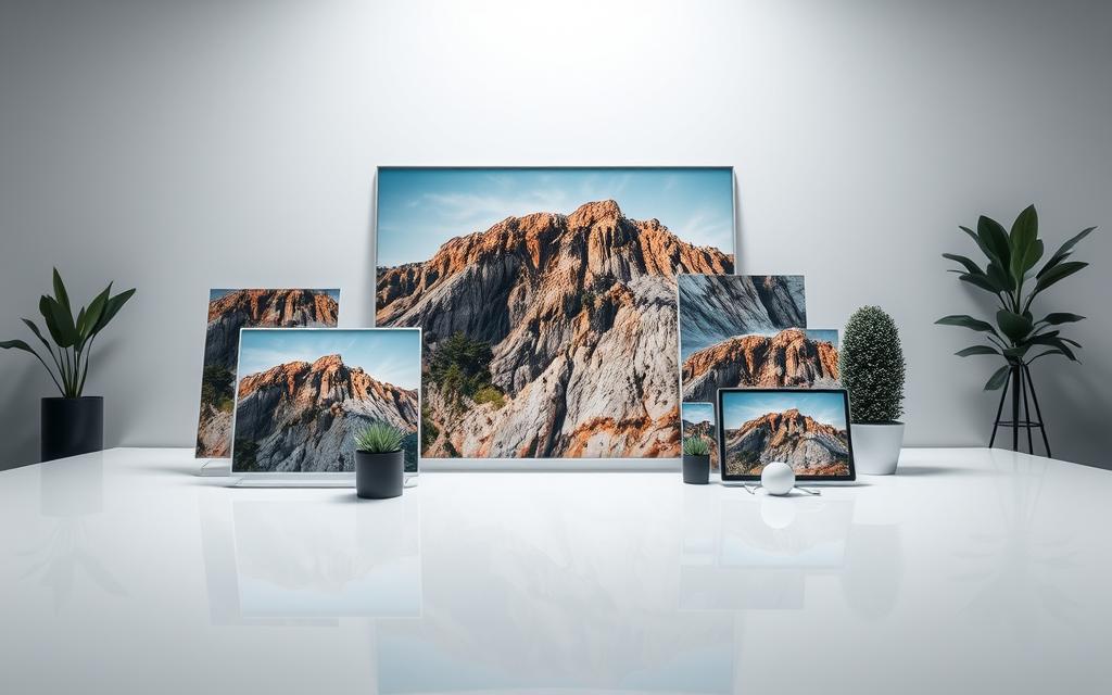 A visually striking still life showcasing high-quality digital images on a clean, minimalist tabletop. The images are large, vibrant, and crisp, with sharp focus and rich colors that engage the viewer. The background is softly lit, creating a serene, gallery-like atmosphere that emphasizes the importance of image size and quality. The arrangement is carefully composed, with the images positioned to draw the eye and convey a sense of balance and harmony. Subtle shadows and reflections add depth and dimension, while the overall aesthetic is sleek, modern, and professional, reflecting the subject of the article.