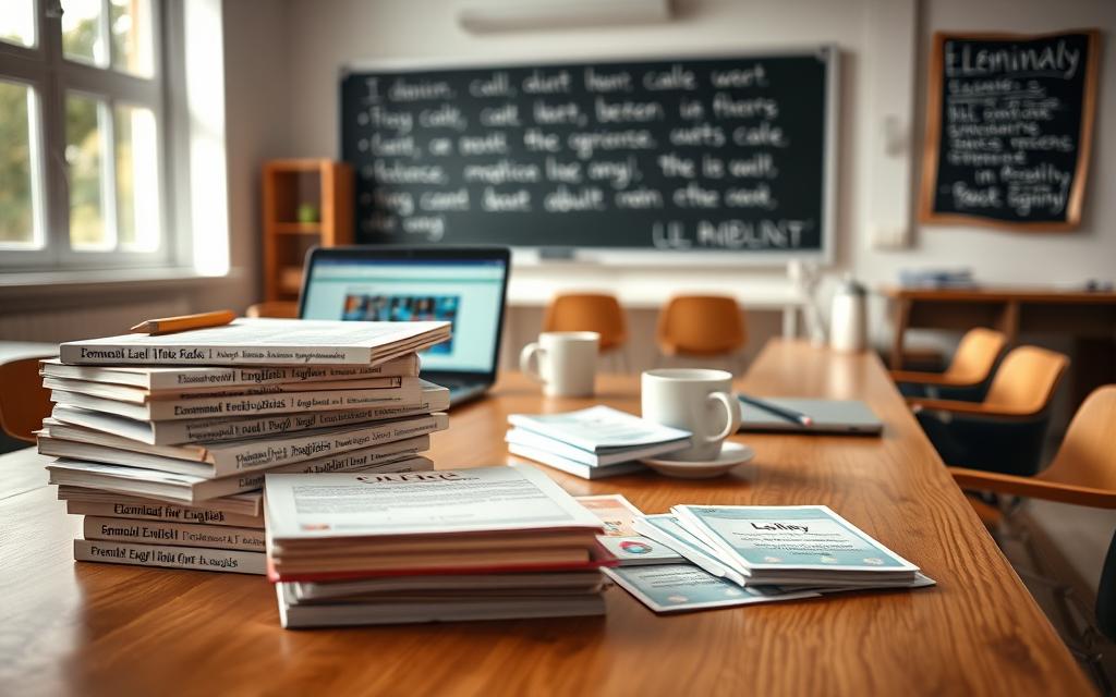 A well-lit classroom setting with elementary English language learning materials scattered across a large wooden desk. In the foreground, a stack of beginner-level English workbooks and flash cards. In the middle ground, a laptop open to an educational website, a cup of coffee, and a pencil case. In the background, a blackboard or whiteboard with simple English phrases written on it. The scene conveys a sense of focused study and self-paced learning for adult English language students just starting their educational journey. Bright natural lighting filters in through large windows, creating a warm, inviting atmosphere.