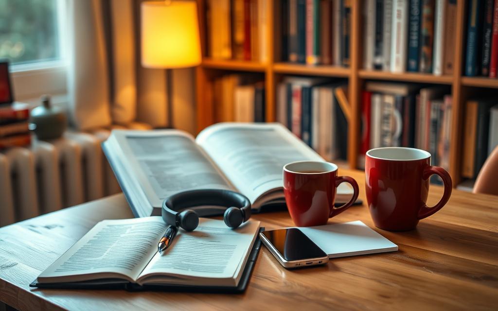 A well-lit, cozy home office setting. On the desk, an array of language learning tools arranged neatly - an open book, a pair of headphones, a notebook and pen, a smartphone, and a steaming mug of coffee. In the background, a bookshelf filled with various language-related books. Soft, warm lighting illuminates the scene, creating a focused, productive atmosphere. The tools are positioned to suggest an active, engaged learning process, inviting the viewer to imagine themselves immersed in effective English language study.