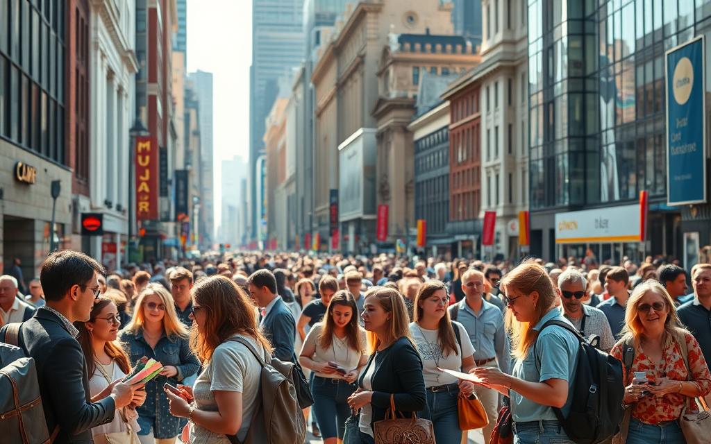 A vibrant street scene in a bustling city, showcasing a diverse array of people engaged in everyday interactions and activities. The foreground features a group of individuals conversing animatedly, their body language and facial expressions conveying a sense of lively exchange. In the middle ground, passersby move with purpose, some consulting maps or checking their phones, while others pause to gesture and point, highlighting the utility of everyday English expressions. The background is filled with a range of architectural styles, from modern high-rises to historical buildings, creating a visually rich and varied urban landscape. The lighting is warm and natural, casting a golden glow that enhances the sense of warmth and liveliness. The overall atmosphere is one of active engagement, communication, and the practical application of English language skills in the context of daily life.