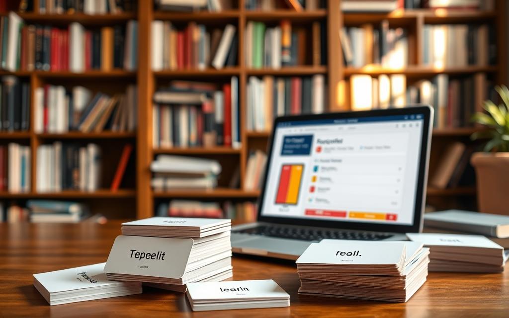A well-lit, high-resolution image of a spaced repetition system for learning English. In the foreground, a stack of flashcards arranged in a visually appealing pattern, each card featuring a simple English phrase or vocabulary word. The middle ground features a laptop or tablet displaying a spaced repetition app interface, showcasing the user's learning progress. In the background, a bookshelf filled with English language learning resources, creating a cozy, studious atmosphere. The lighting is soft and natural, casting a warm glow over the scene. The overall composition and color palette convey a sense of organization, focus, and effective language learning.